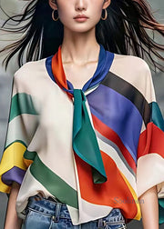 Modern Colorblock Scarf Collar Chiffon Top Summer