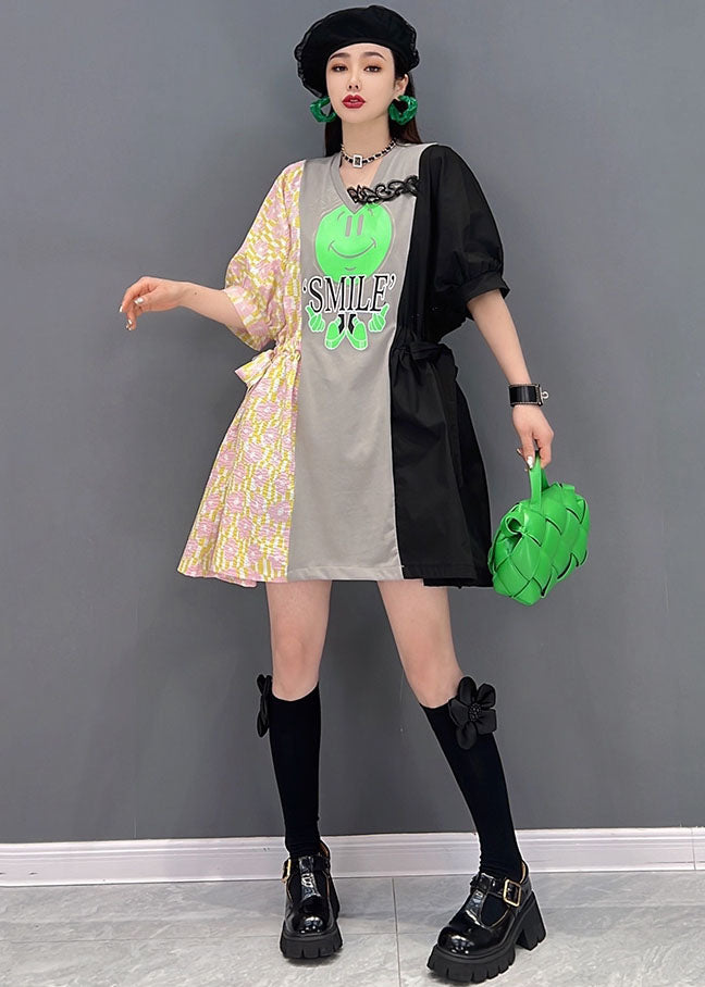 Modern Colorblock V Neck Patchwork Smile Print Cotton Holiday Dress Short Sleeve