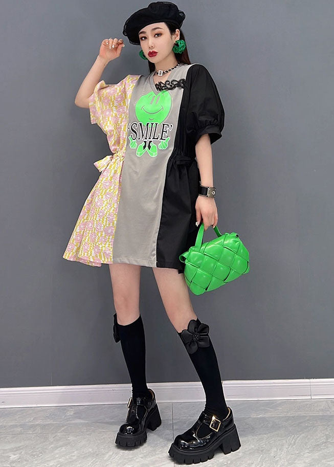 Modern Colorblock V Neck Patchwork Smile Print Cotton Holiday Dress Short Sleeve