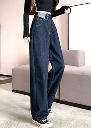 Modern Dark Blue Button Pockets High Waist Straight Pants Fall