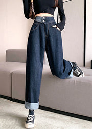 Modern Dark Blue Button Pockets High Waist Straight Pants Fall