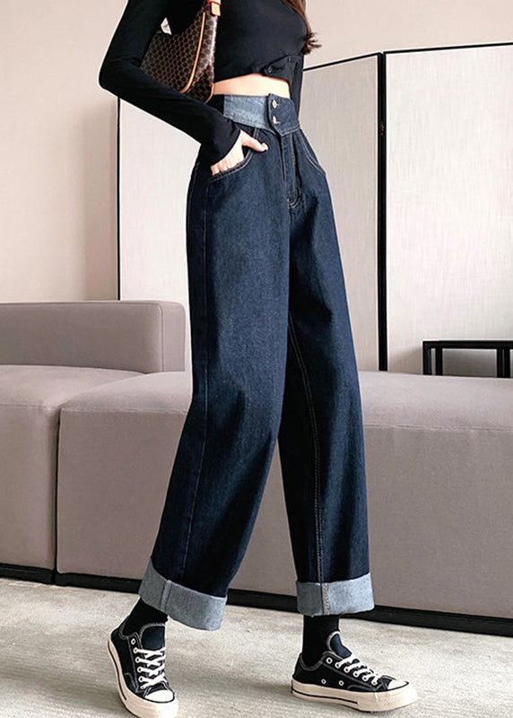 Modern Dark Blue Button Pockets High Waist Straight Pants Fall