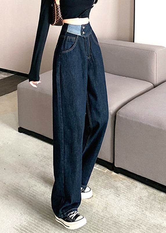 Modern Dark Blue Button Pockets High Waist Straight Pants Fall