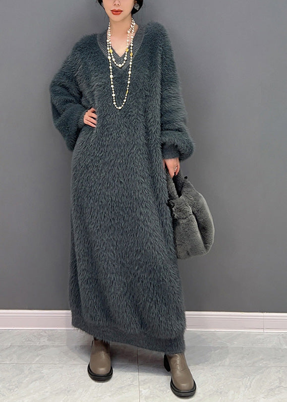 Modern Dark Gray V Neck Mink Velvet Knit Ankle Dress Winter