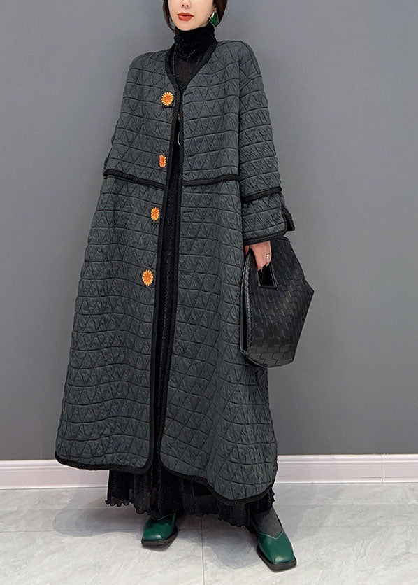 Modern Dark Grey V Neck Patchwork Fine Cotton Filled Loose Coat Winter