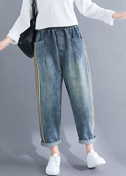 Modern Deinm Blue Pockets Striped Patchwork Elastic Waist Harem Pants Fall