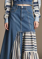 Modern Denim Blue Asymmetrical Patchwork Contton Skirts Spring