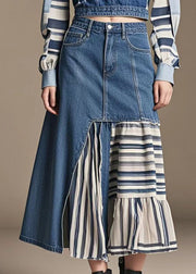 Modern Denim Blue Asymmetrical Patchwork Contton Skirts Spring