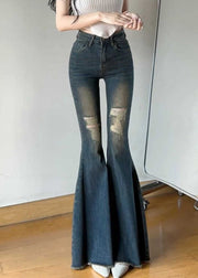 Modern Denim Blue Hole High Waist Flare Bottoms Spring