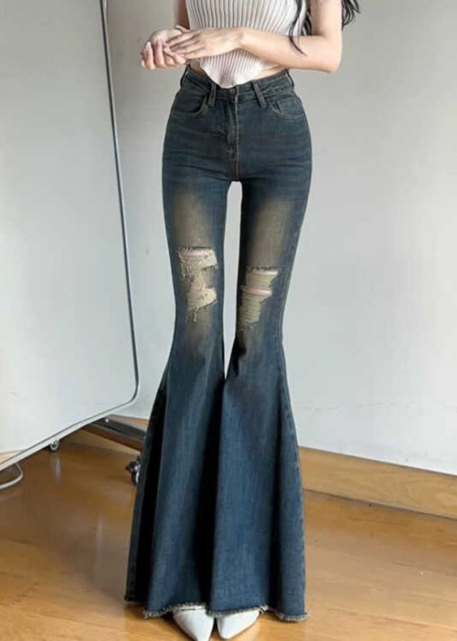 Modern Denim Blue Hole High Waist Flare Bottoms Spring