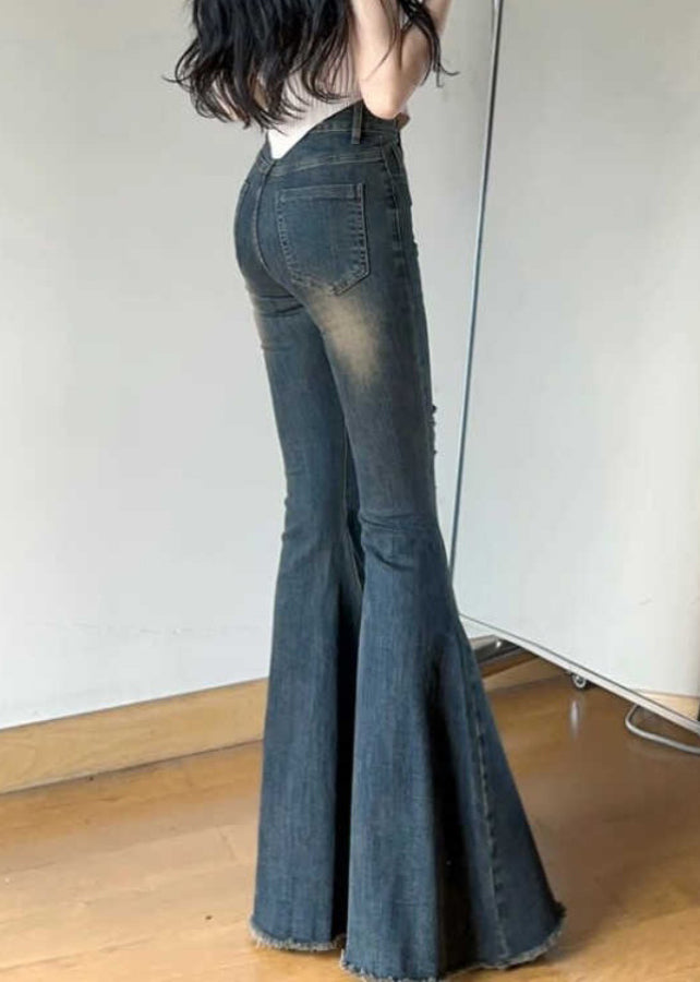 Modern Denim Blue Hole High Waist Flare Bottoms Spring