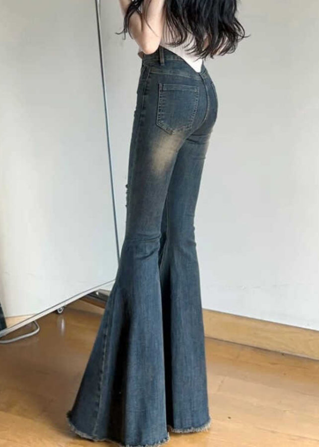 Modern Denim Blue Hole High Waist Flare Bottoms Spring