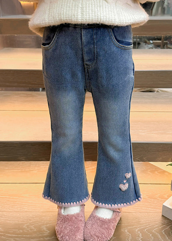 Modern Denim Blue Love Pockets Warm Fleece Girls Crop Flared Pants Spring