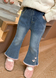 Modern Denim Blue Love Pockets Warm Fleece Girls Crop Flared Pants Spring