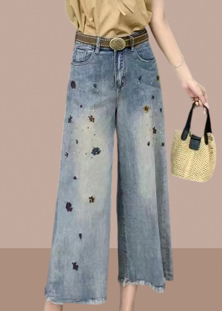 Modern Denim Blue Pockets High Waist Crop Wide Leg Pants Summer