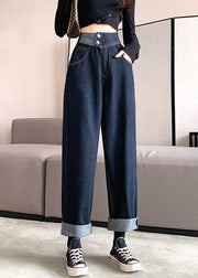 Modern Denim Blue Pockets High Waist Pants Fall