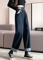 Modern Denim Blue Pockets High Waist Pants Fall