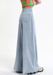 Modern Denim Blue Pockets High Waist Wide Leg Pants Fall