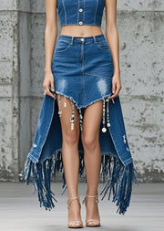 Modern Denim Blue Tasseled Skirt Asymmetrical Design Spring