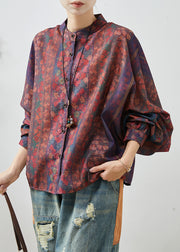 Modern Dull Red Oversized Print Cotton Shirt Top Spring