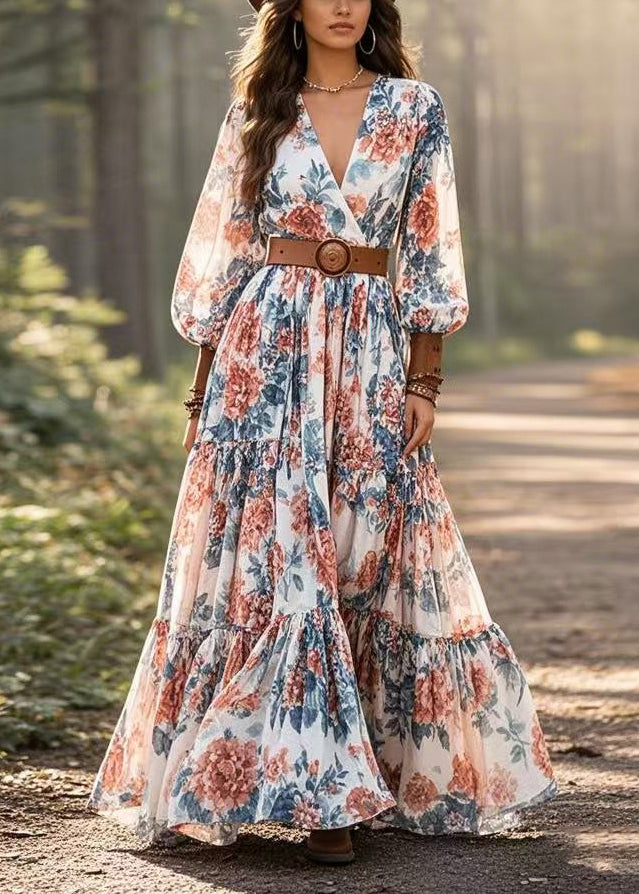 Modern Flower Print Exra Large Hem Cotton Vacation Dress Spring