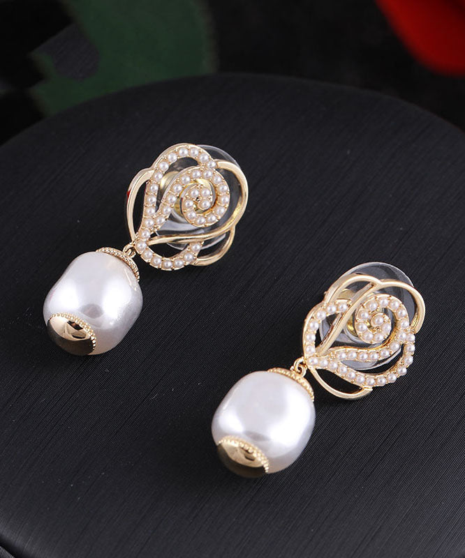 Modern Gold Alloy Zircon Pearl Hollowed Out Rose Drop Earrings