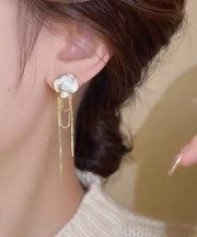 Modern Gold Copper Alloy Camellia Tassel Drop Earrings