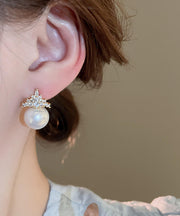 Modern Gold Copper Alloy Zircon Crown Pearl Stud Earrings