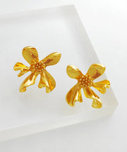 Modern Gold Copper Asymmetrical Floral Stud Earrings