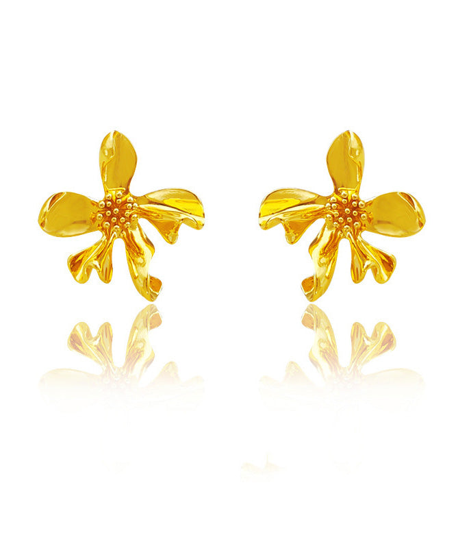 Modern Gold Copper Asymmetrical Floral Stud Earrings