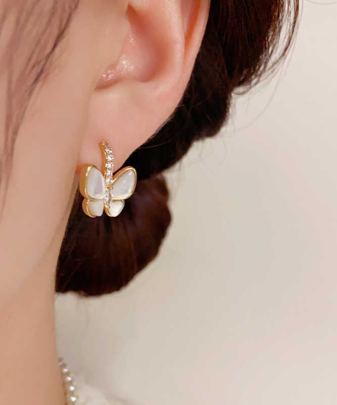 Modern Gold Copper Overgild Zircon Butterfly Hoop Earrings