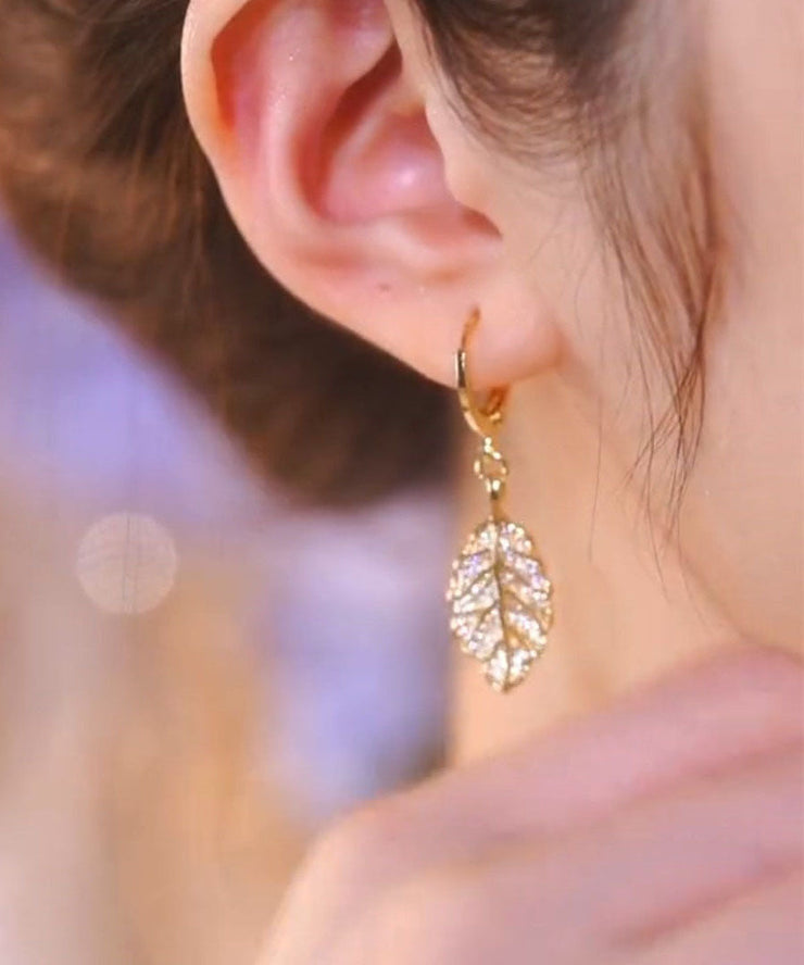 Modern Gold Copper Overgild Zircon Leaf Drop Earrings