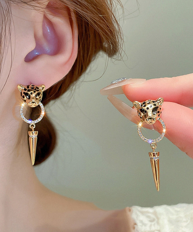 Modern Gold Metal Overgild Zircon Leopard Head Cone Tassel Drop Earrings