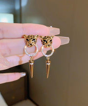 Modern Gold Metal Overgild Zircon Leopard Head Cone Tassel Drop Earrings