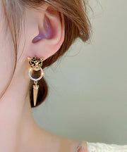 Modern Gold Metal Overgild Zircon Leopard Head Cone Tassel Drop Earrings