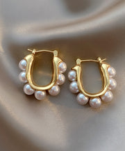 Modern Gold Sterling Silver Alloy Pearl Hoop Earrings