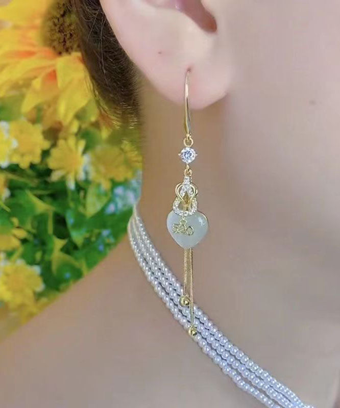 Modern Gold Sterling Silver Overgild Inlaid Gem Stone Zircon Love Tassel Drop Earrings