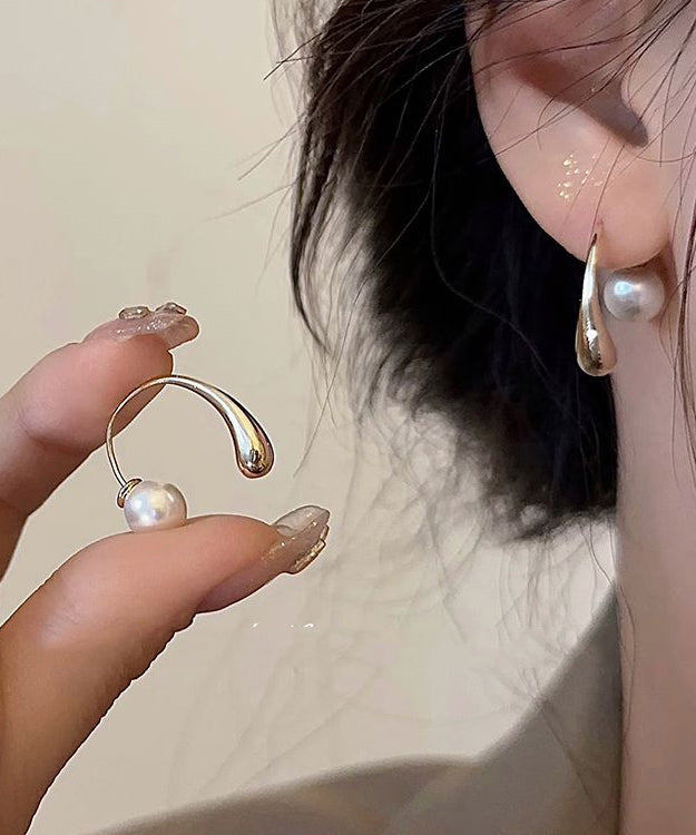 Modern Gold Sterling Silver Overgild Pearl Hoop Earrings
