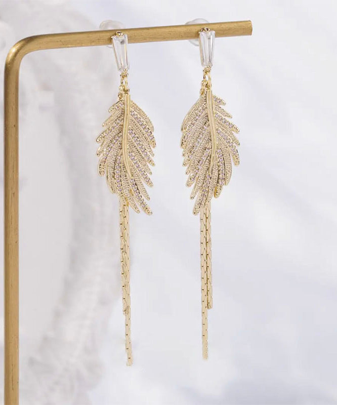 Modern Gold Sterling Silver Overgild Zircon Leaf Tassel Drop Earrings