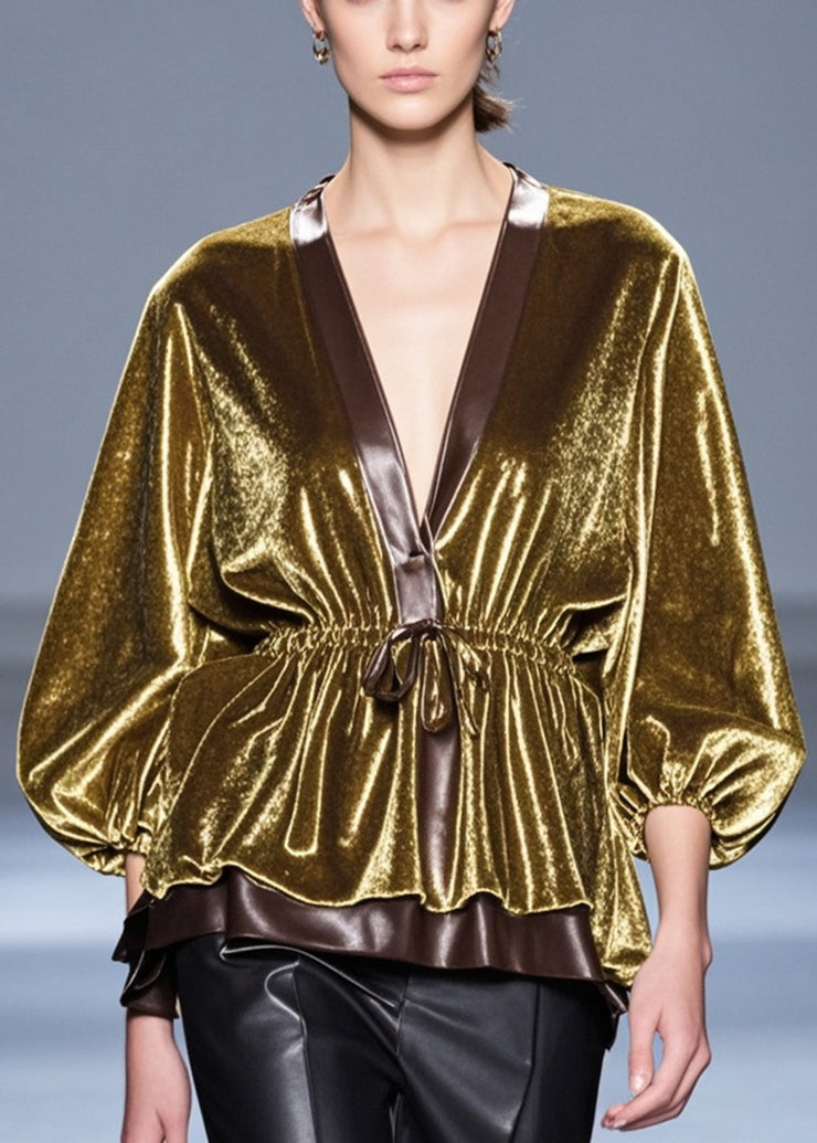 Modern Golden Cinched Patchwork Silk Velour Shirts Spring