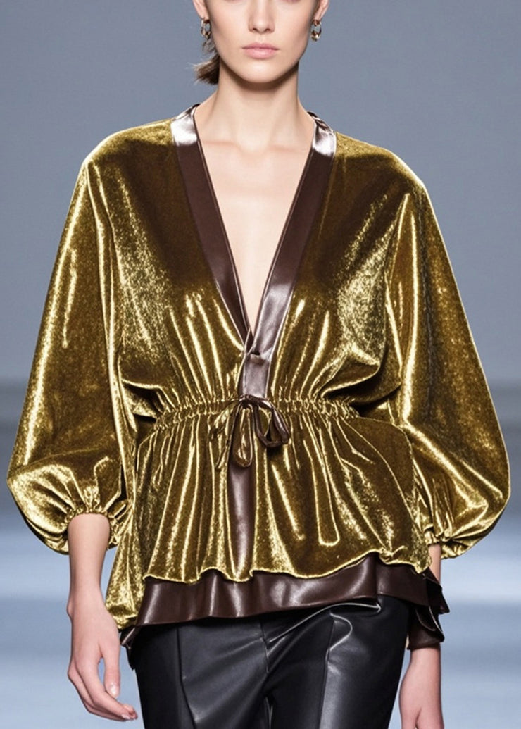 Modern Golden Cinched Patchwork Silk Velour Shirts Spring