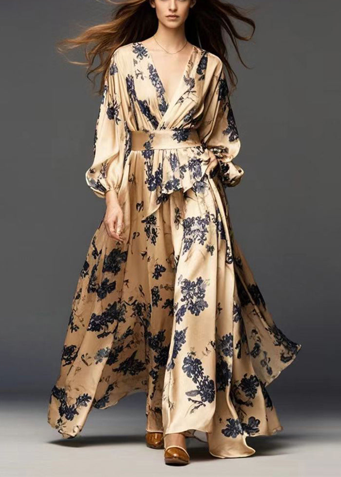 Modern Golden Cinched Print Silk Dress Fall