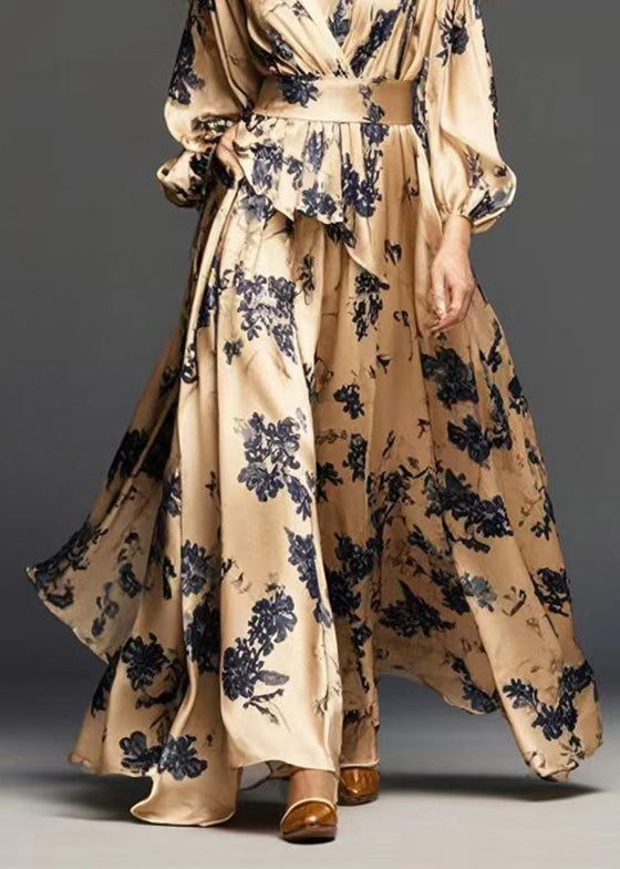 Modern Golden Cinched Print Silk Dress Fall