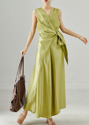 Modern Grass Green Asymmetrical Tie Waist Silk Dress Sleeveless