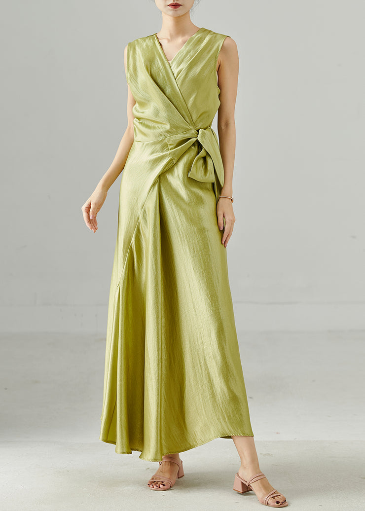 Modern Grass Green Asymmetrical Tie Waist Silk Dress Sleeveless