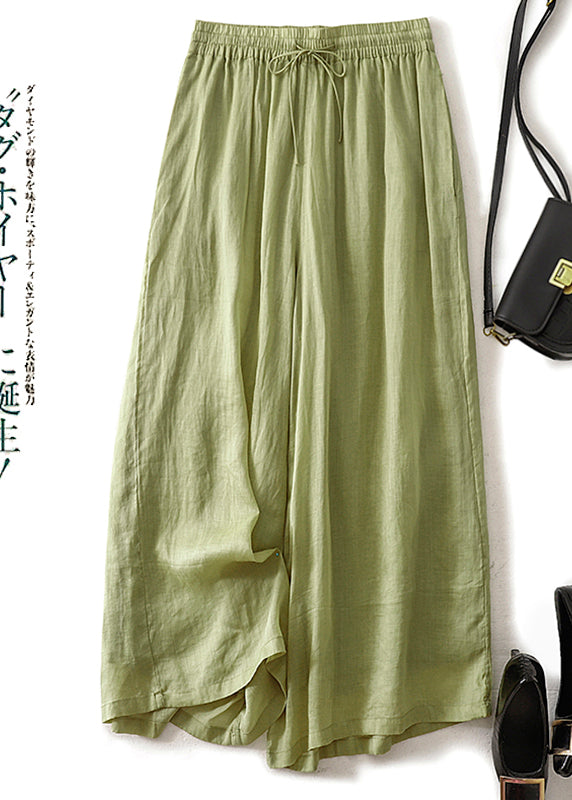 Modern Grass Green Elastic Waist Linen Wide Leg Pants Summer