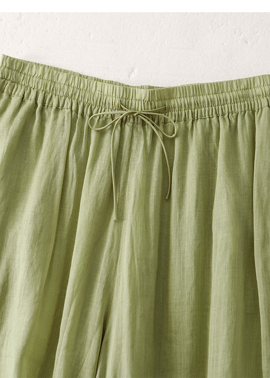 Modern Grass Green Elastic Waist Linen Wide Leg Pants Summer