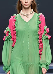 Modern Grass Green Ruffled Floral Chiffon Tea Dresses Fall