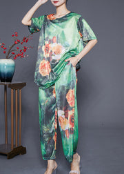 Modern Green Asymmetrical Floral Silk Women Sets 2 Pieces Summer