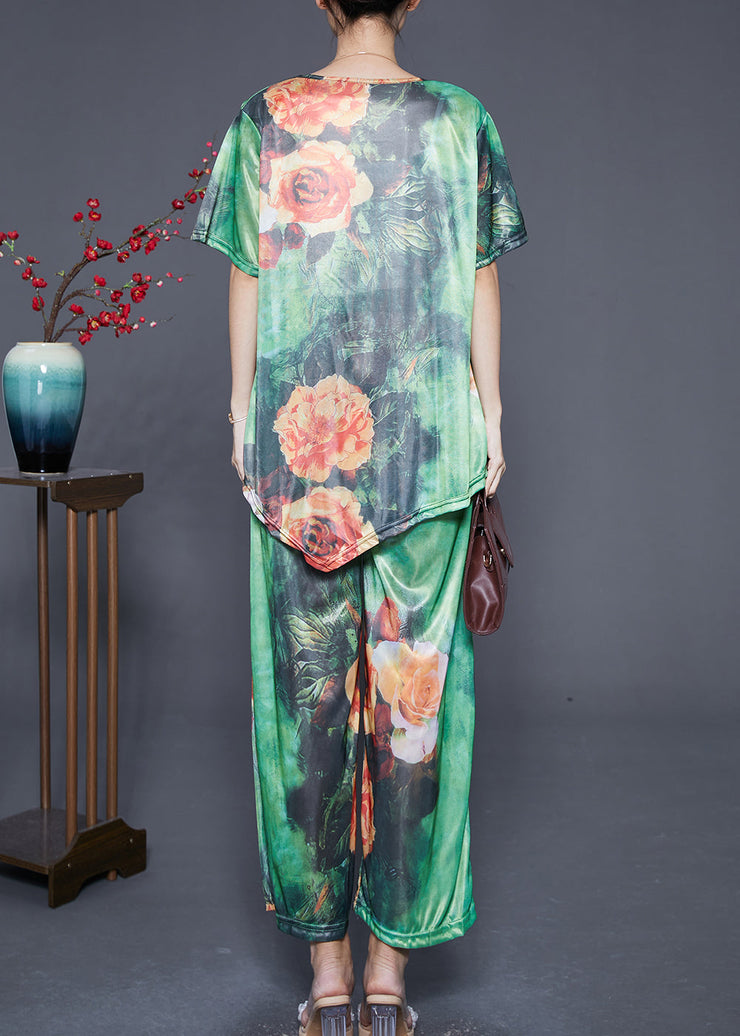 Modern Green Asymmetrical Floral Silk Women Sets 2 Pieces Summer